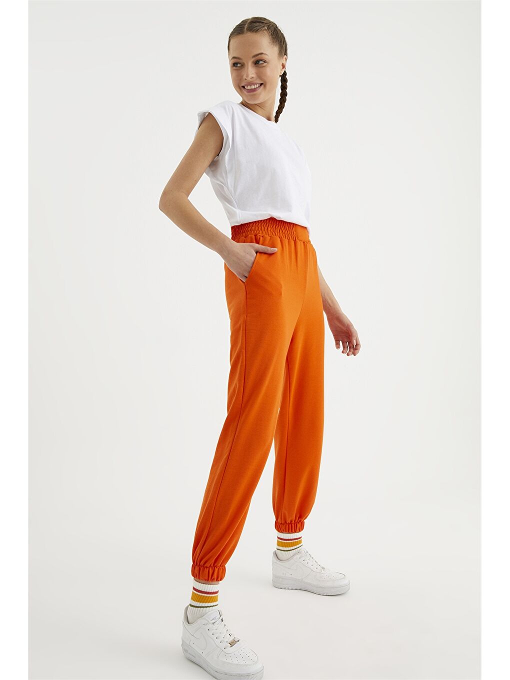 Turuncu Kadın Beli Lastikli Düz Jogger Eşofman Altı-3