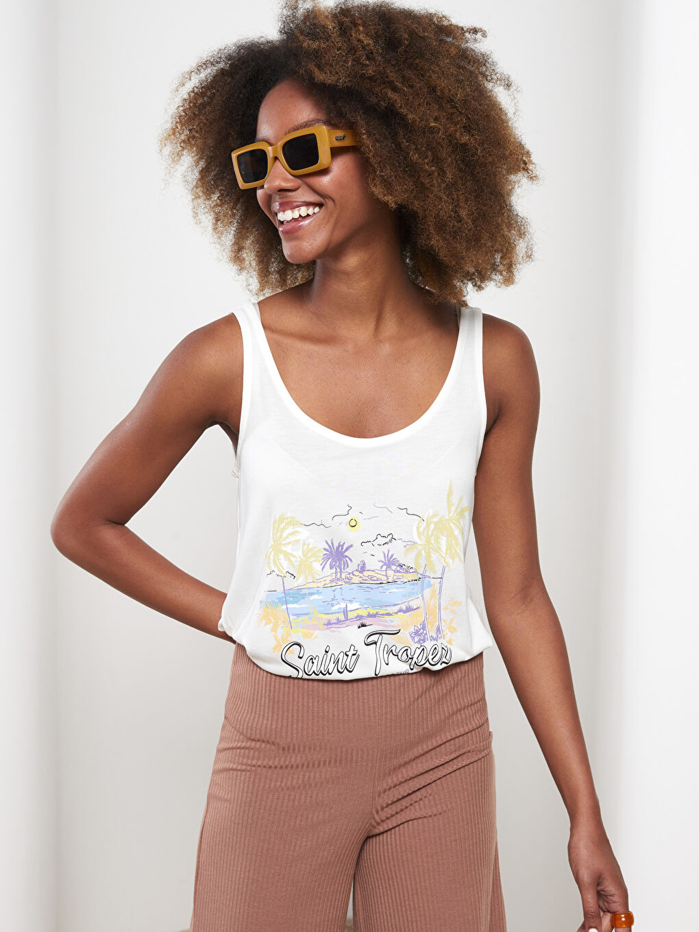 Top majica sa U vratom, štampana, viskoza, ženska atlet majica