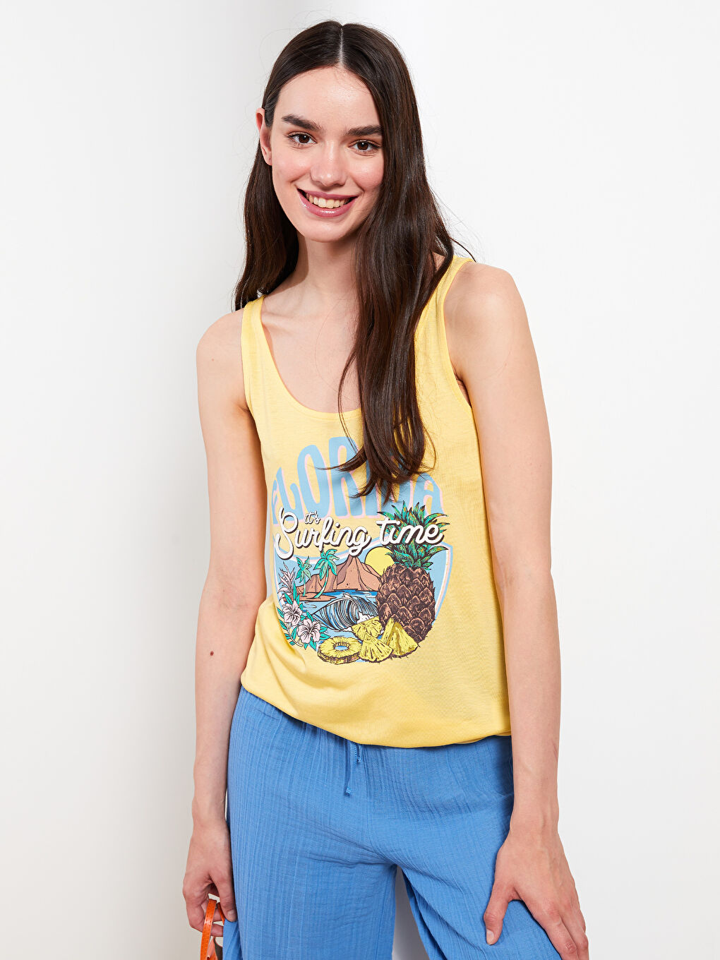 Top majica sa U vratom, štampana, viskoza, ženska atlet majica