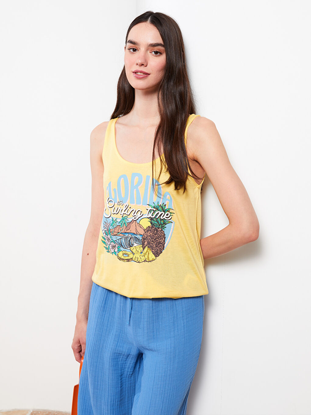 Top majica sa U vratom, štampana, viskoza, ženska atlet majica-1