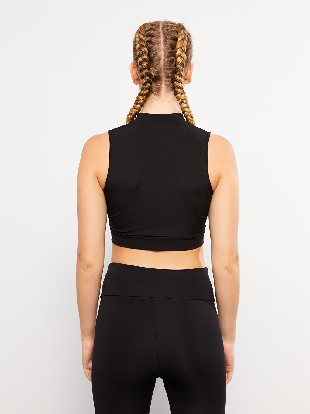 Siyah Kadın Dik Yaka Düz Crop-4