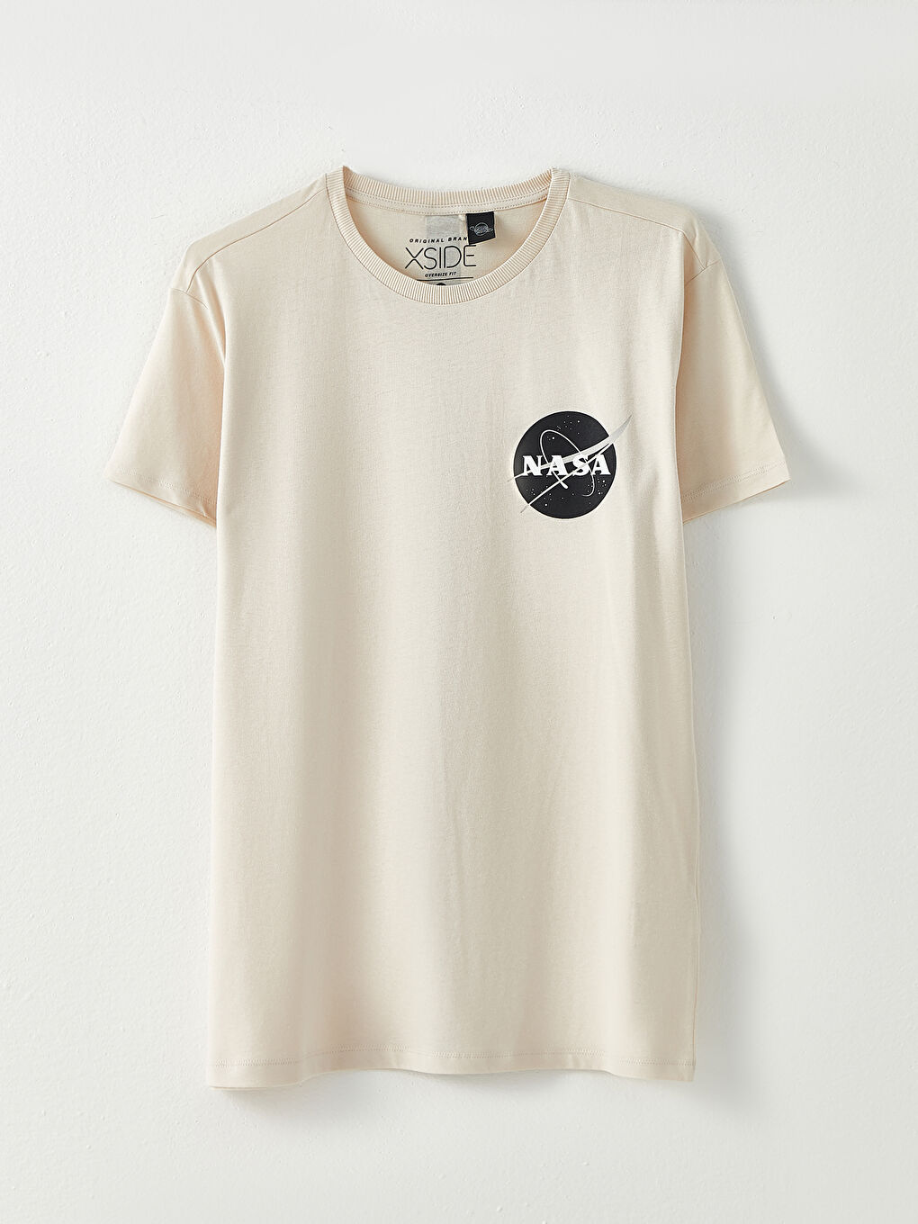 XSIDE Bej Bisiklet Yaka Kısa Kollu Nasa Baskılı Penye Erkek Tişört