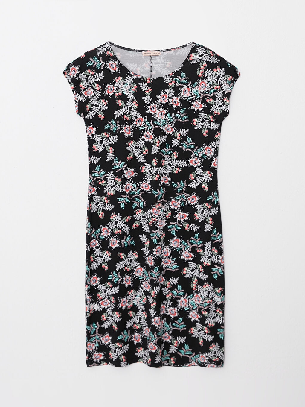 Siyah Bisiklet Yaka Desenli Kısa Kollu Kadın Elbise-5