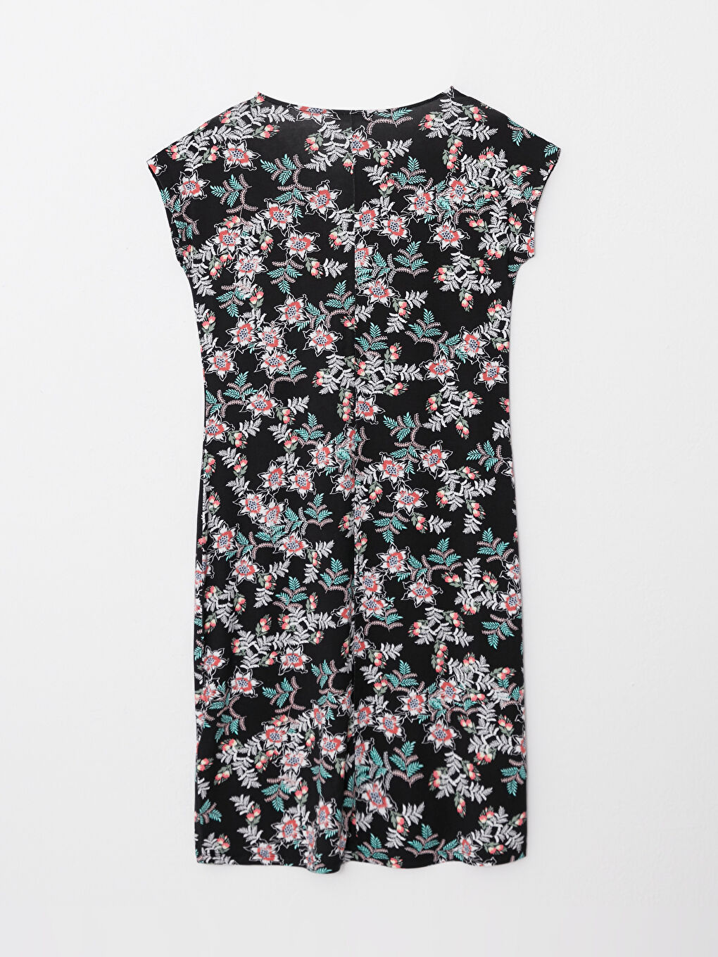 Siyah Bisiklet Yaka Desenli Kısa Kollu Kadın Elbise-6