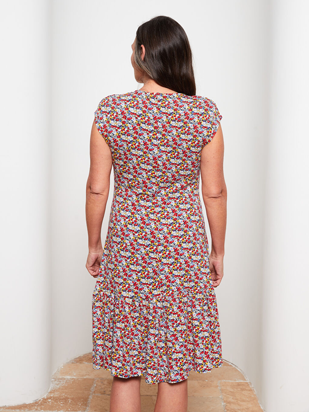 Kırmızı Bisiklet Yaka Desenli Kısa Kollu Kadın Elbise-4