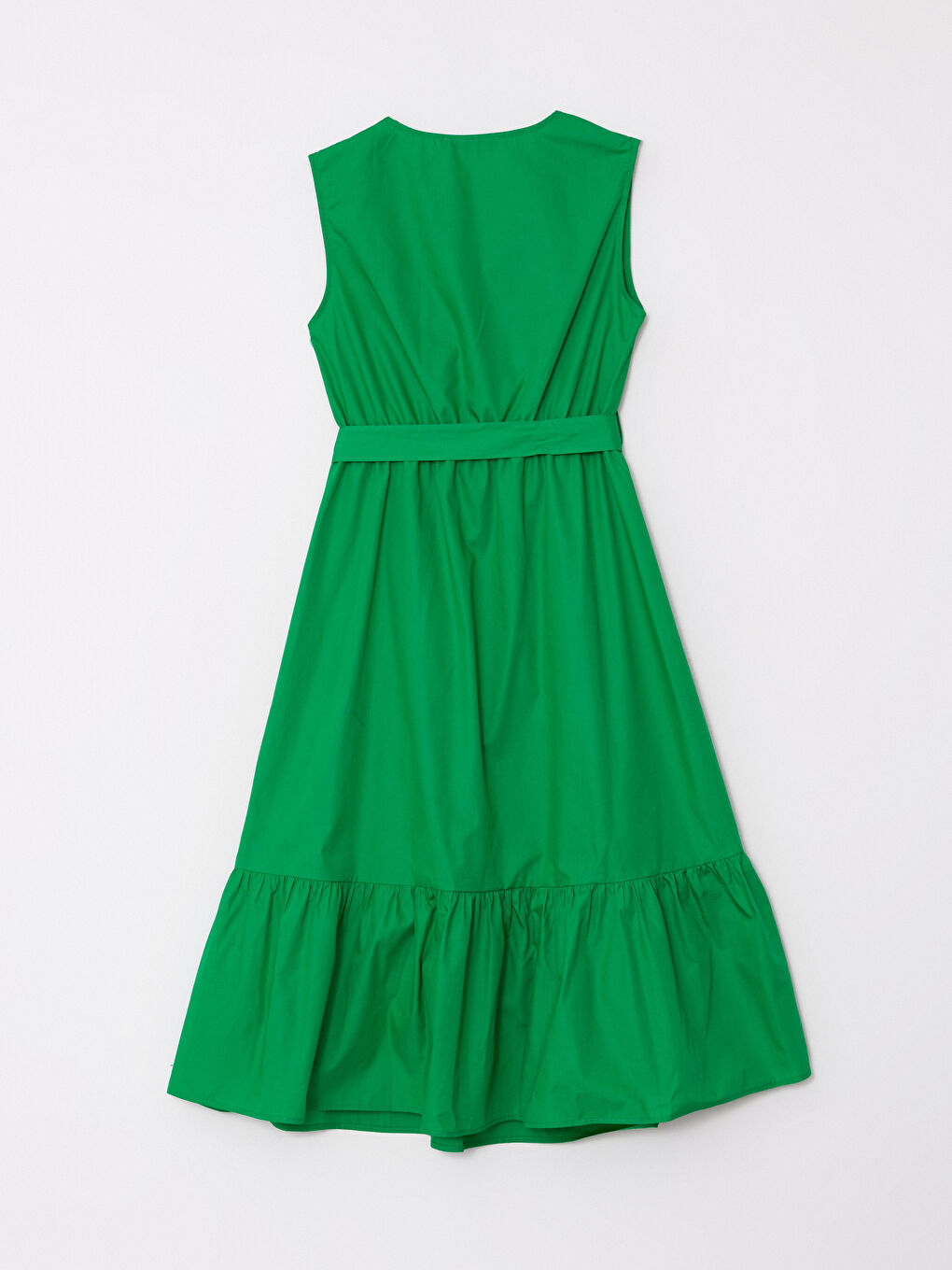 Yeşil V Yaka Düz Kolsuz Poplin Kadın Elbise-5