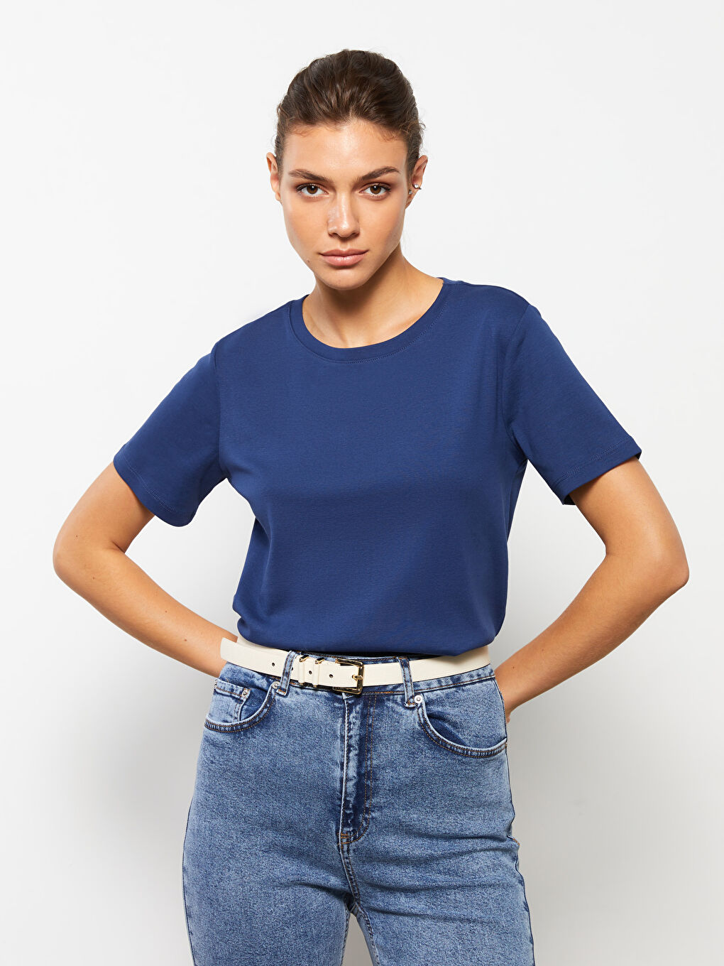 Crew Neck Straight Short Sleeve Cotton Women's T-Shirt-1