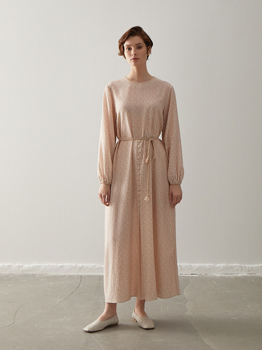 Bej Bisiklet Yaka Desenli Uzun Kollu Kadın Elbise