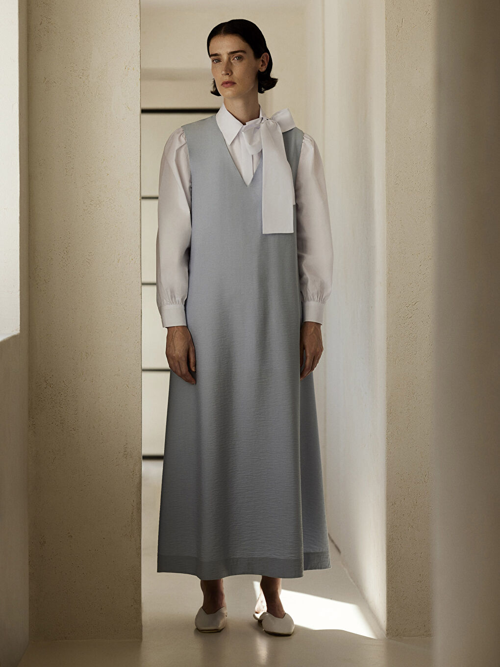 Mavi Kadın V Yaka Düz Elbise