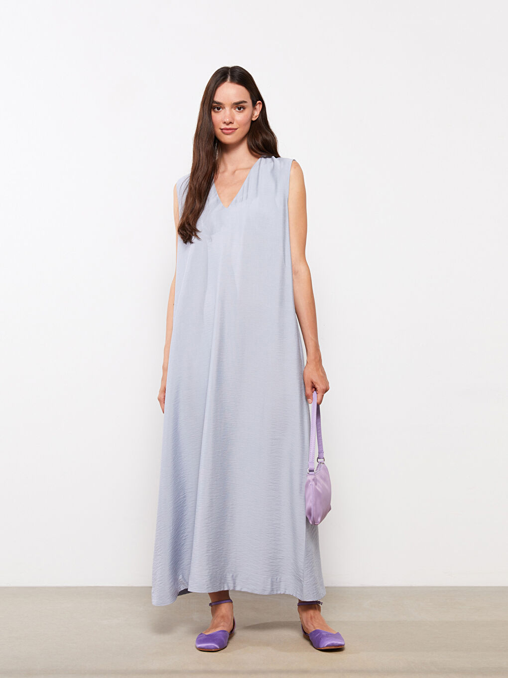 Mavi Kadın V Yaka Düz Elbise-4