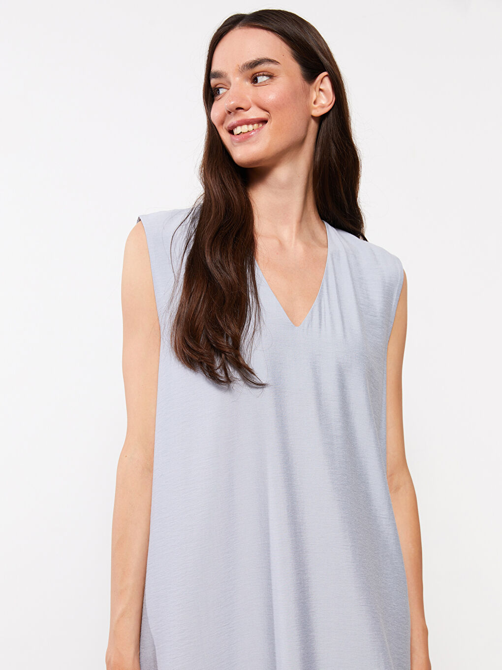 Mavi Kadın V Yaka Düz Elbise-8