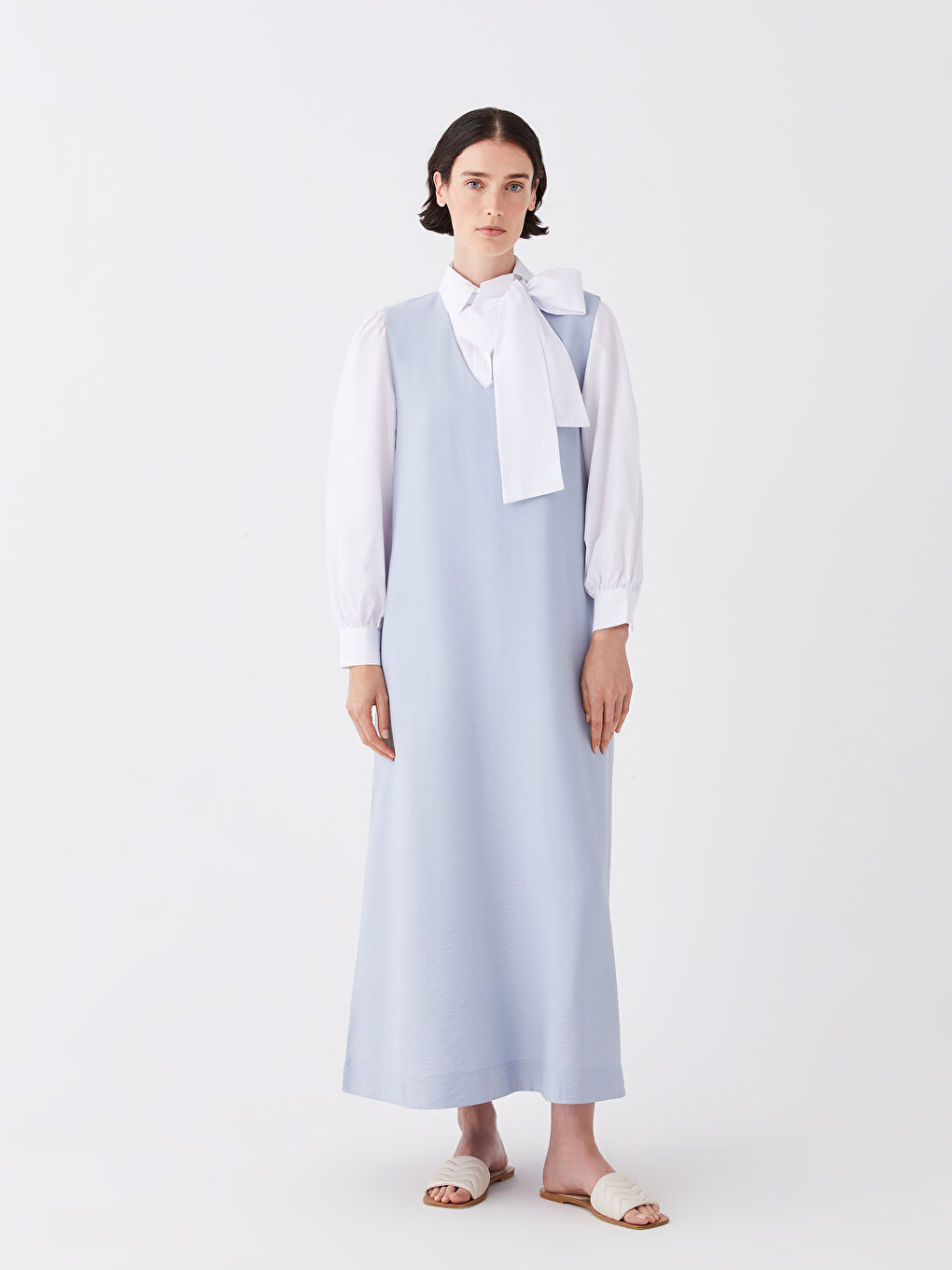 Mavi Kadın V Yaka Düz Elbise-3