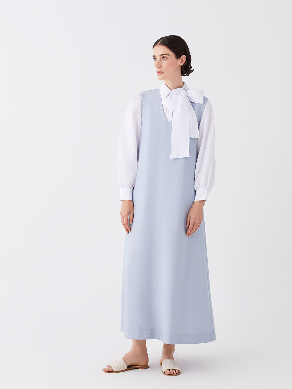 Mavi Kadın V Yaka Düz Elbise-5