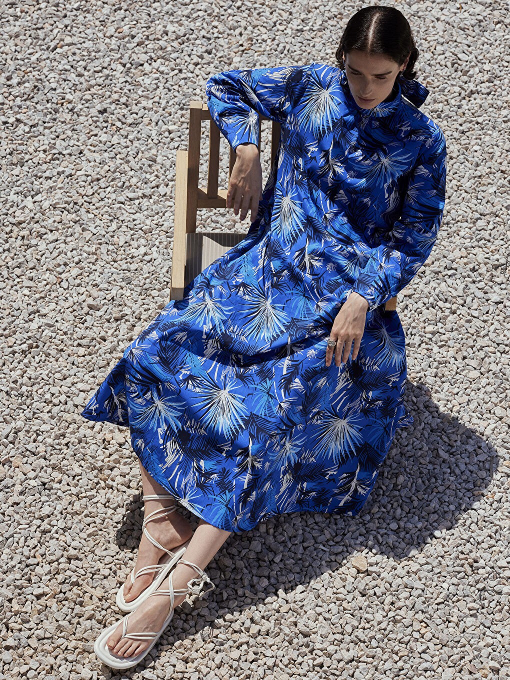 Mavi Dik Yaka Desenli Uzun Kollu Kadın Elbise