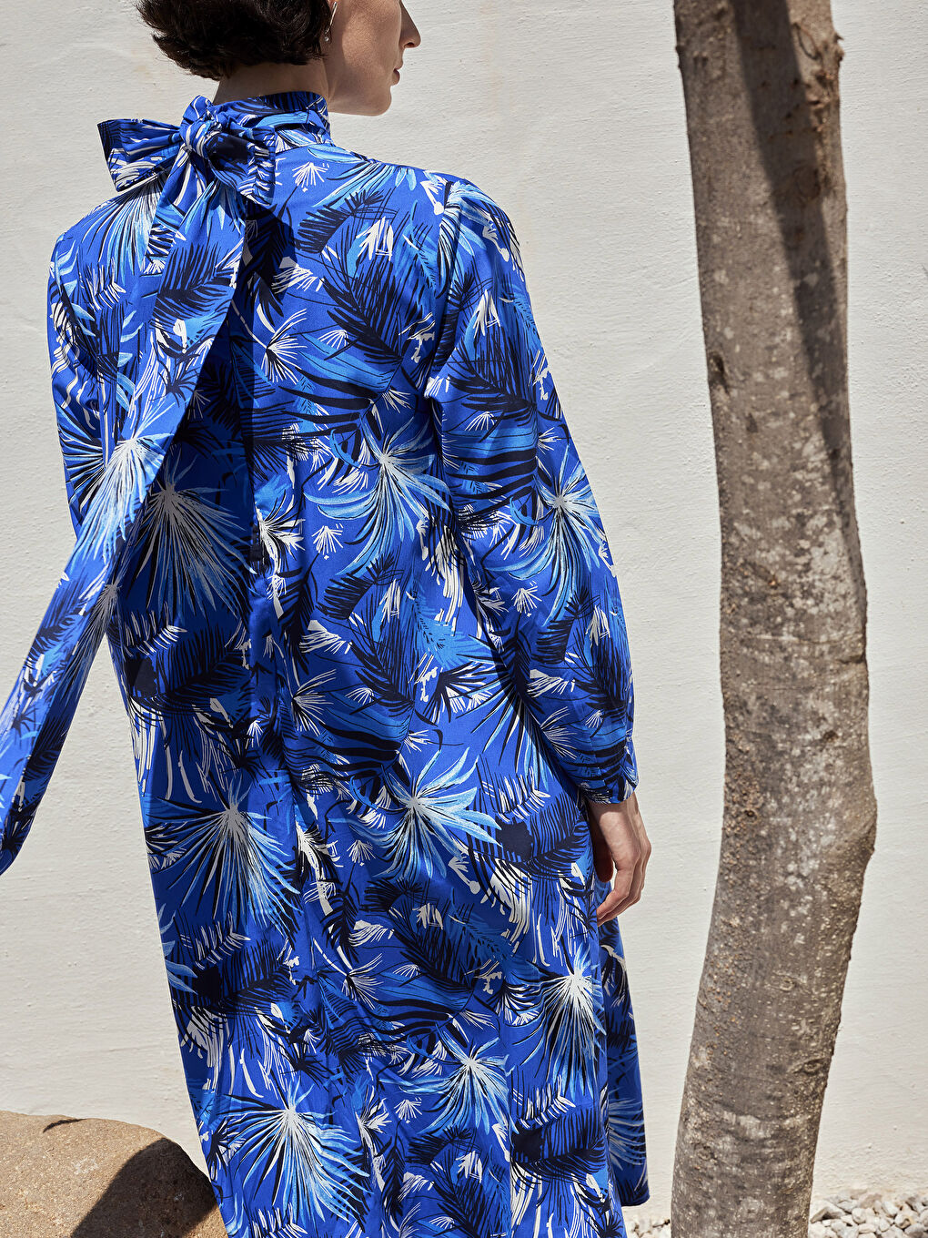 Mavi Dik Yaka Desenli Uzun Kollu Kadın Elbise-1