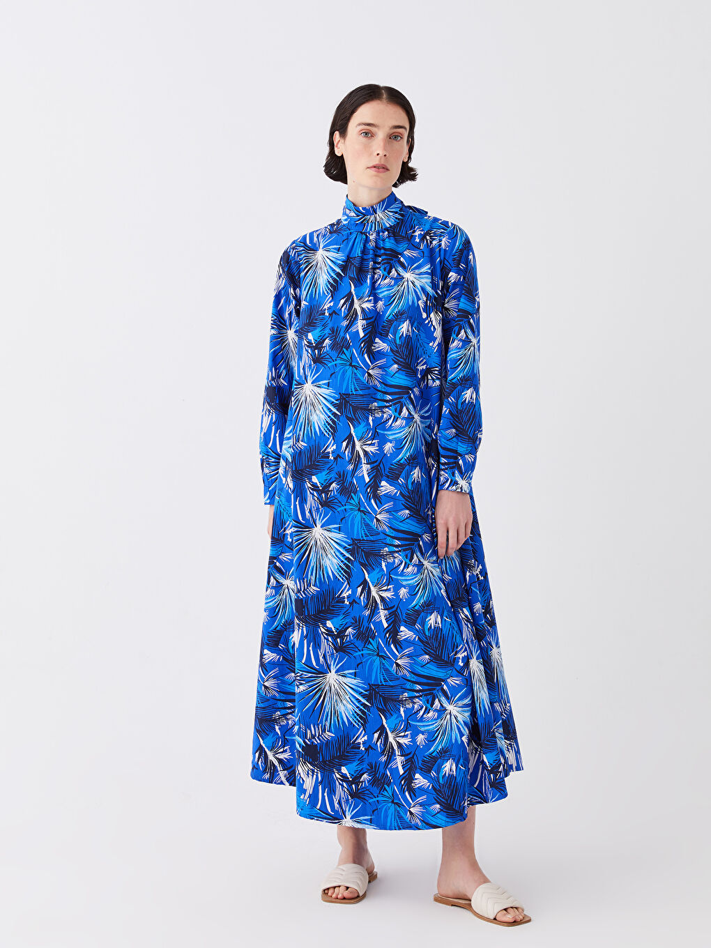 Mavi Dik Yaka Desenli Uzun Kollu Kadın Elbise-2