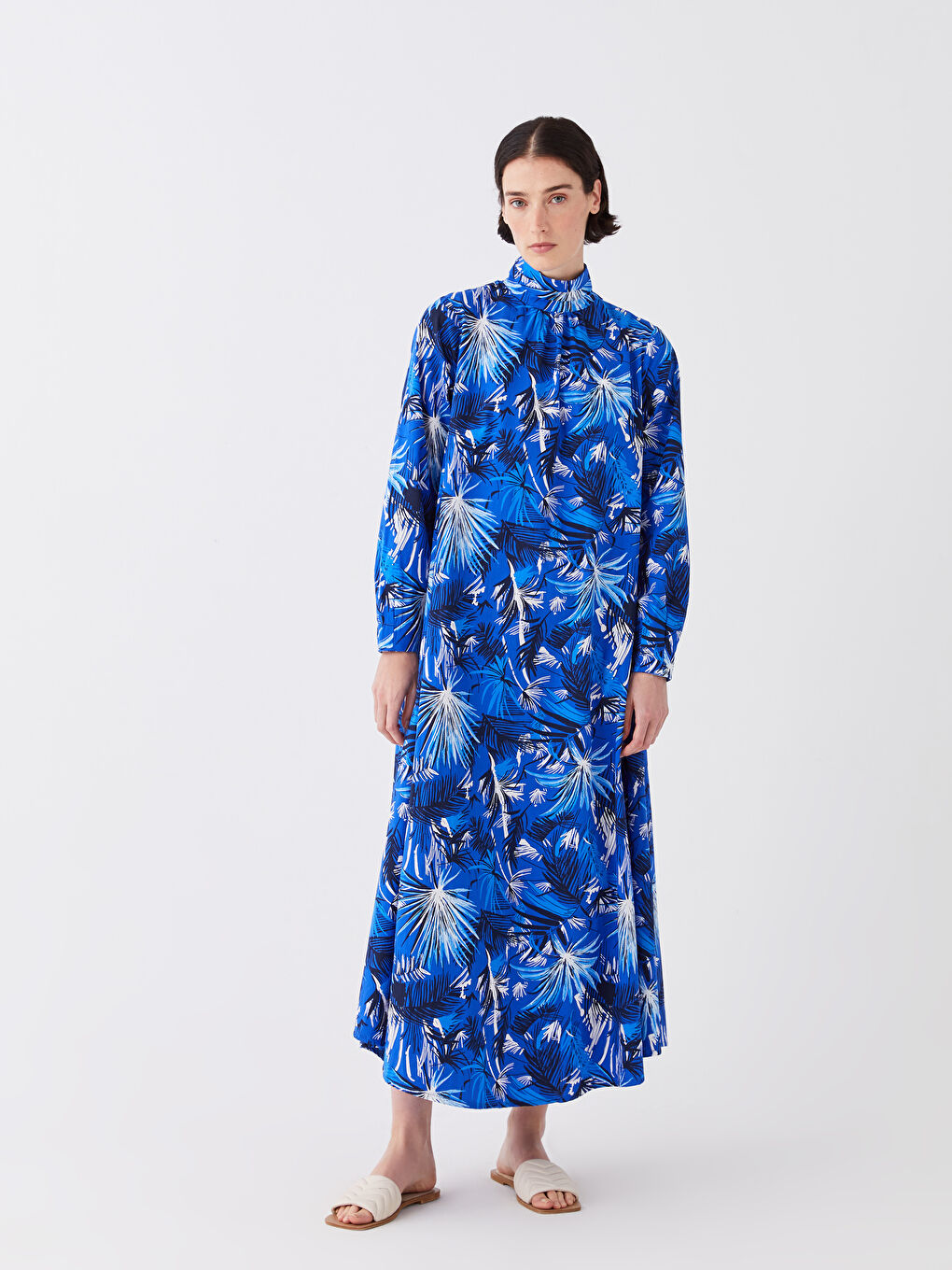 Mavi Dik Yaka Desenli Uzun Kollu Kadın Elbise-3