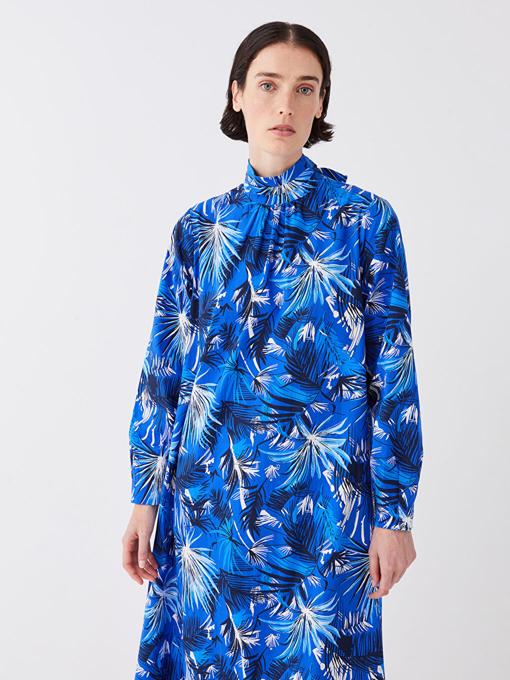 Mavi Dik Yaka Desenli Uzun Kollu Kadın Elbise-4