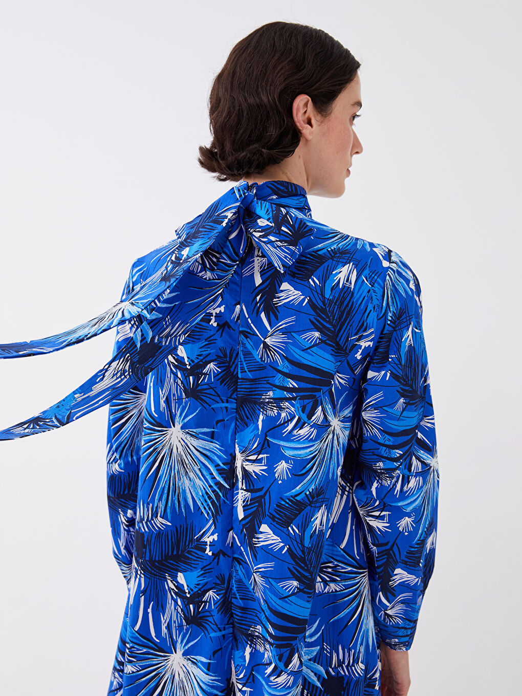 Mavi Dik Yaka Desenli Uzun Kollu Kadın Elbise-5