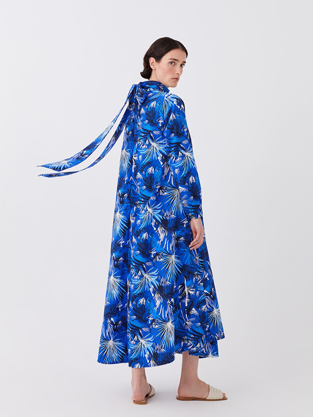 Mavi Dik Yaka Desenli Uzun Kollu Kadın Elbise-6