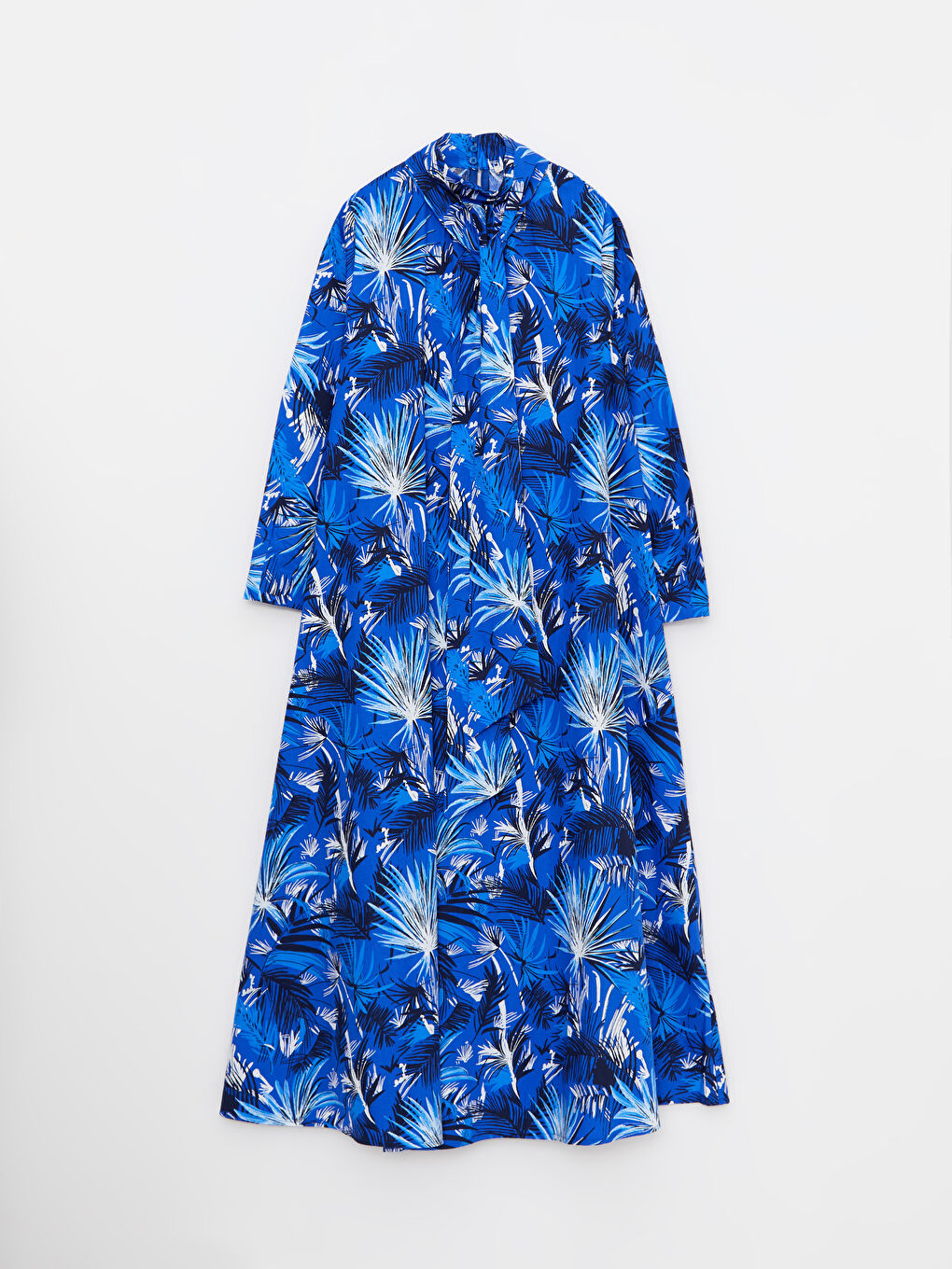 Mavi Dik Yaka Desenli Uzun Kollu Kadın Elbise-7