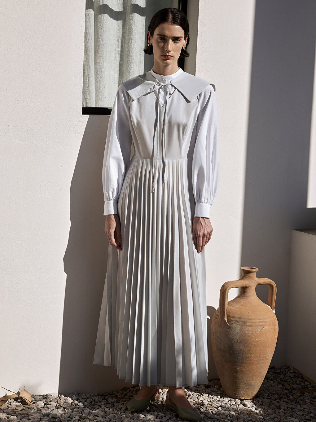 Mavi Hakim Yaka Düz Uzun Kollu Poplin Kadın Elbise