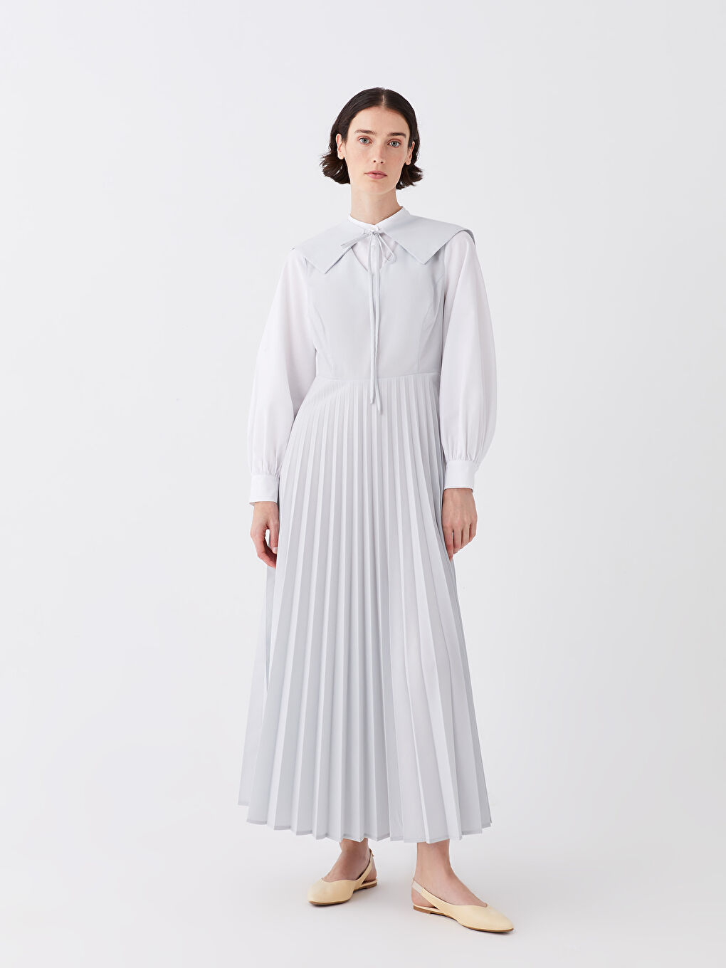 Mavi Hakim Yaka Düz Uzun Kollu Poplin Kadın Elbise-1