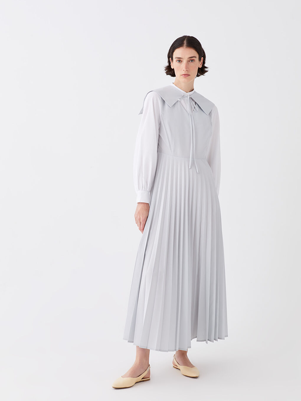 Mavi Hakim Yaka Düz Uzun Kollu Poplin Kadın Elbise-2