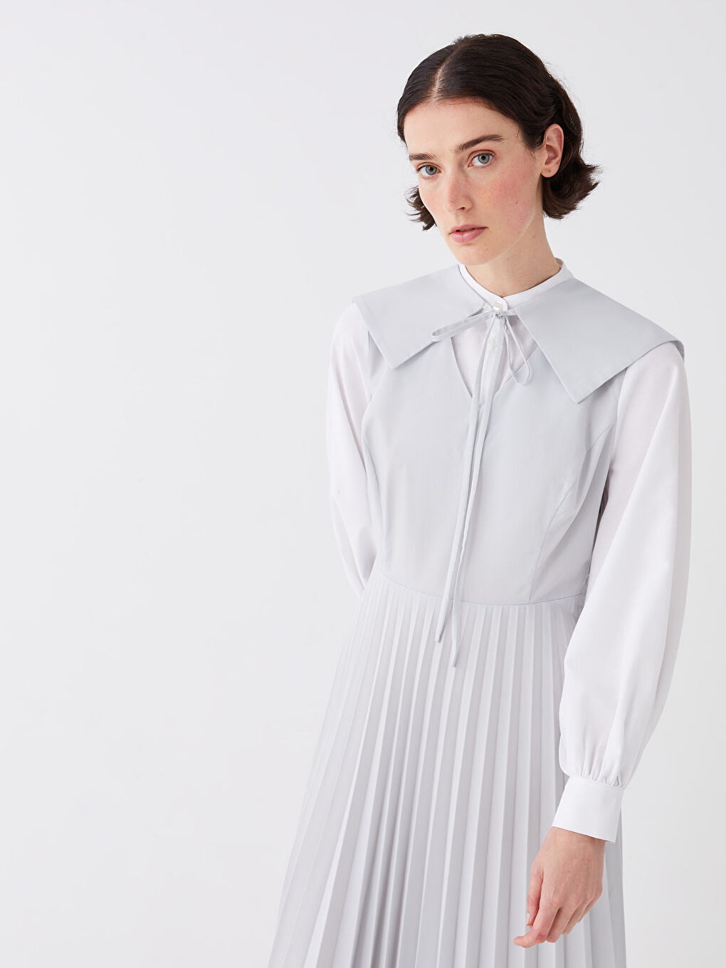 Mavi Hakim Yaka Düz Uzun Kollu Poplin Kadın Elbise-3