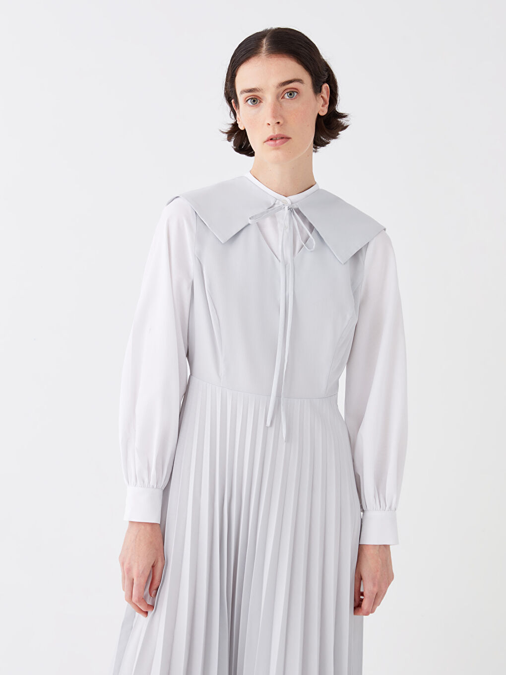 Mavi Hakim Yaka Düz Uzun Kollu Poplin Kadın Elbise-4