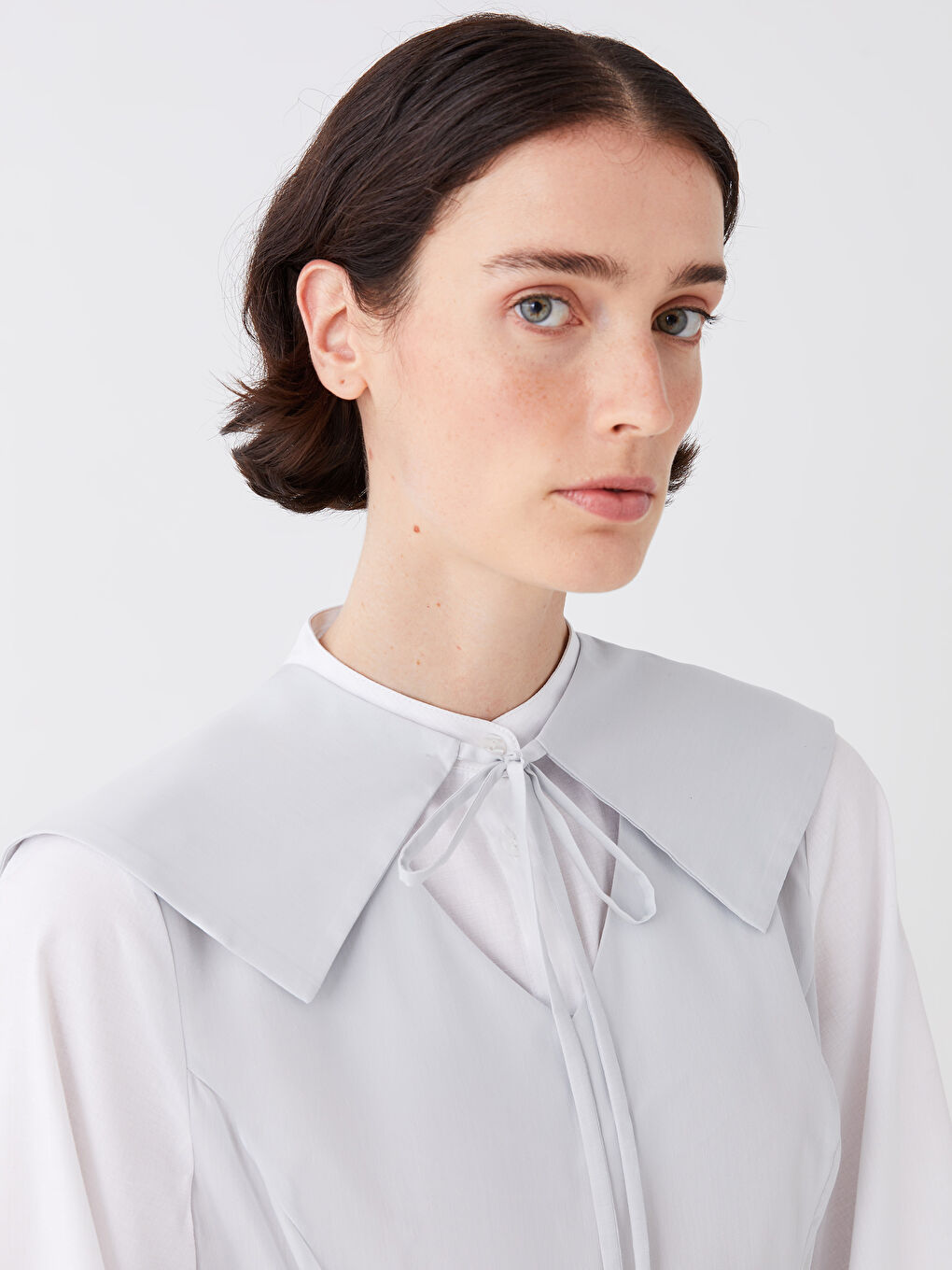 Mavi Hakim Yaka Düz Uzun Kollu Poplin Kadın Elbise-5