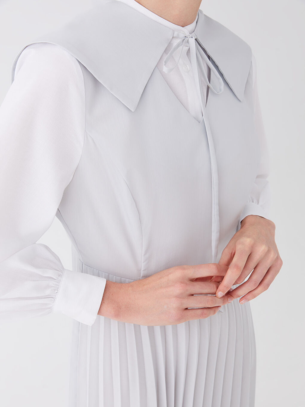 Mavi Hakim Yaka Düz Uzun Kollu Poplin Kadın Elbise-6