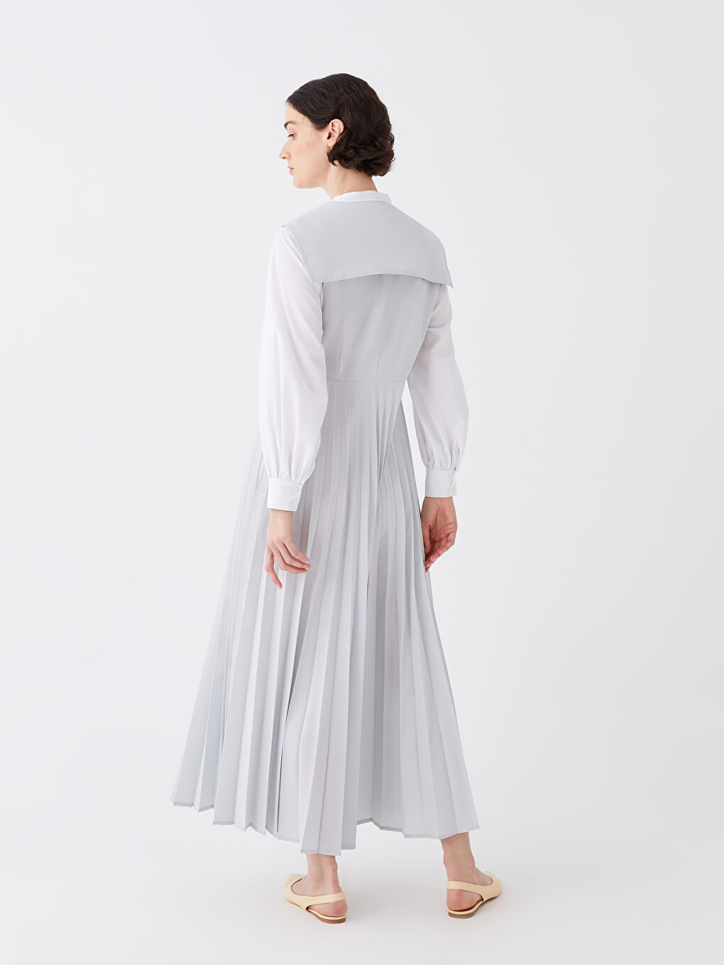 Mavi Hakim Yaka Düz Uzun Kollu Poplin Kadın Elbise-7