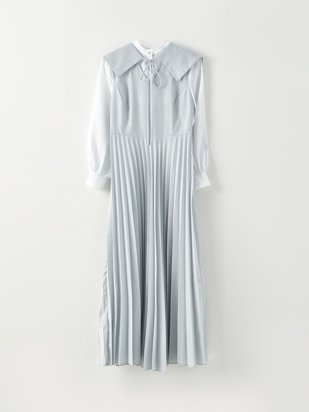 Mavi Hakim Yaka Düz Uzun Kollu Poplin Kadın Elbise-8