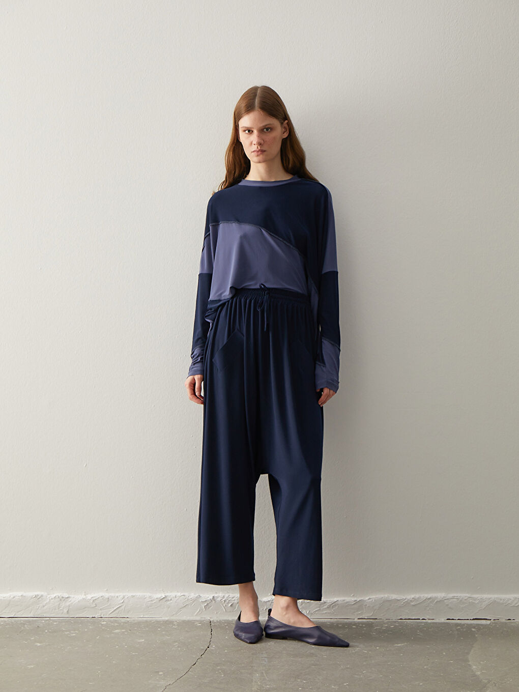 Lacivert Kadın Beli Lastikli Rahat Kalıp Düz Şalvar Pantolon