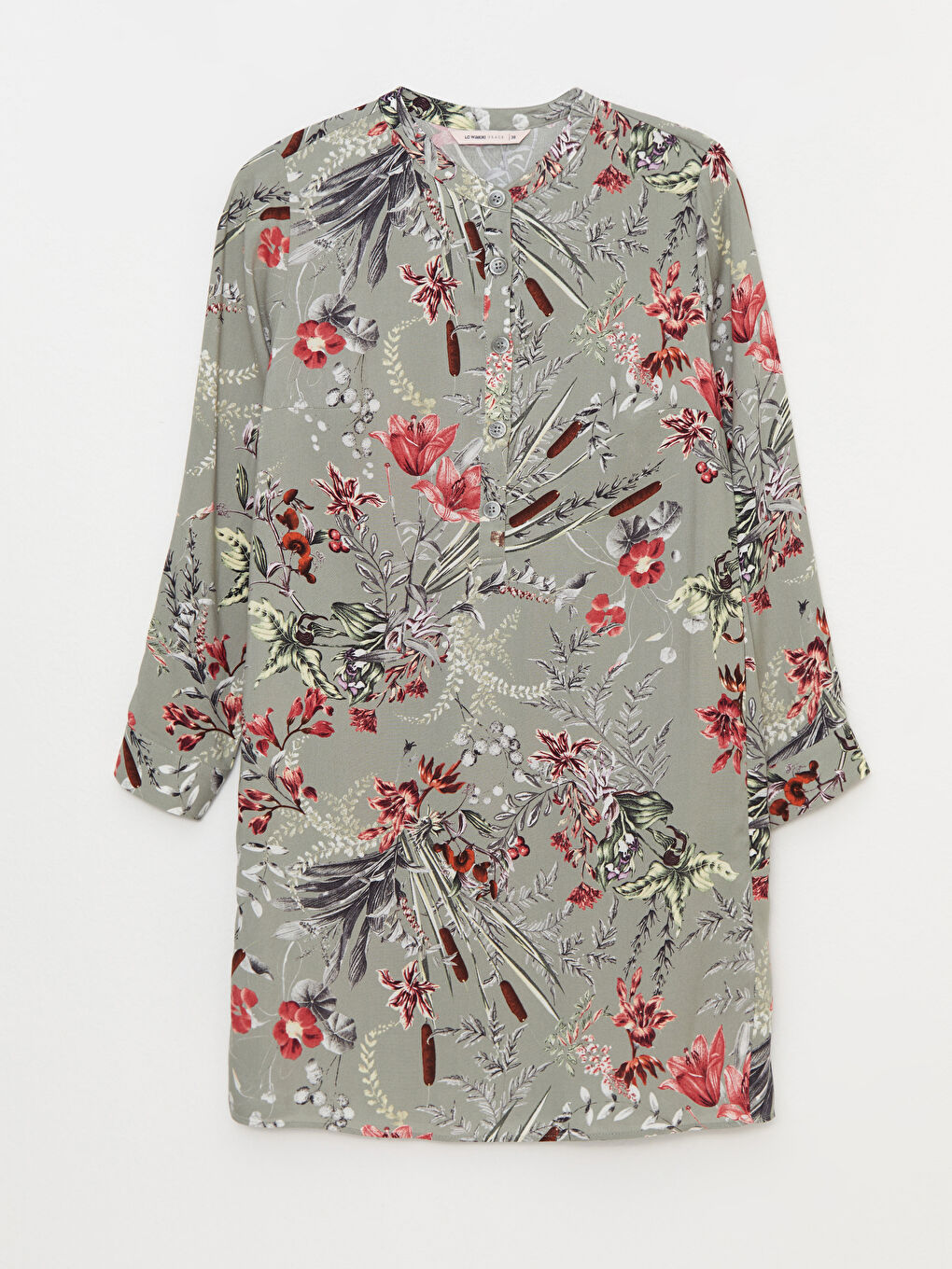 Yeşil Bisiklet Yaka Desenli Uzun Kollu Poplin Kadın Tunik-5