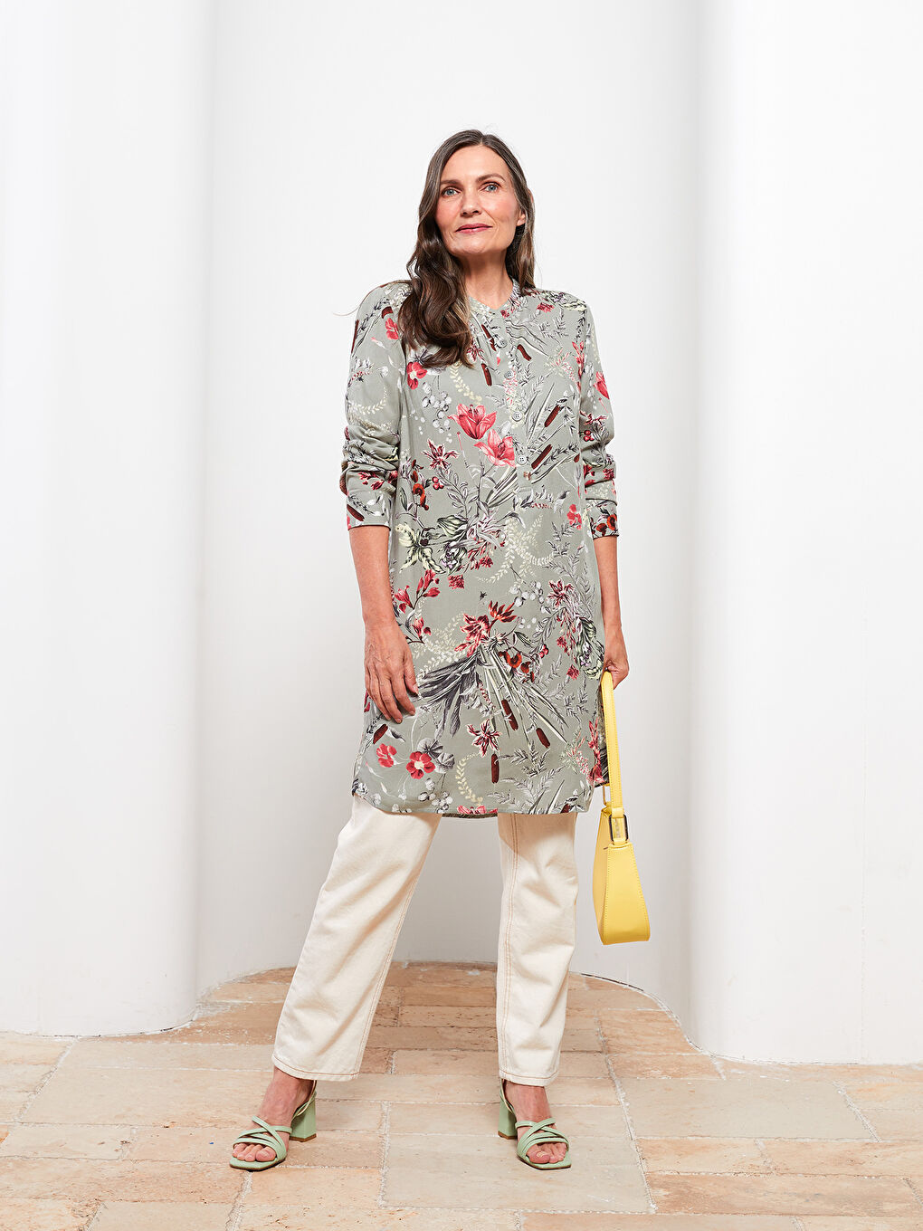 Yeşil Bisiklet Yaka Desenli Uzun Kollu Poplin Kadın Tunik