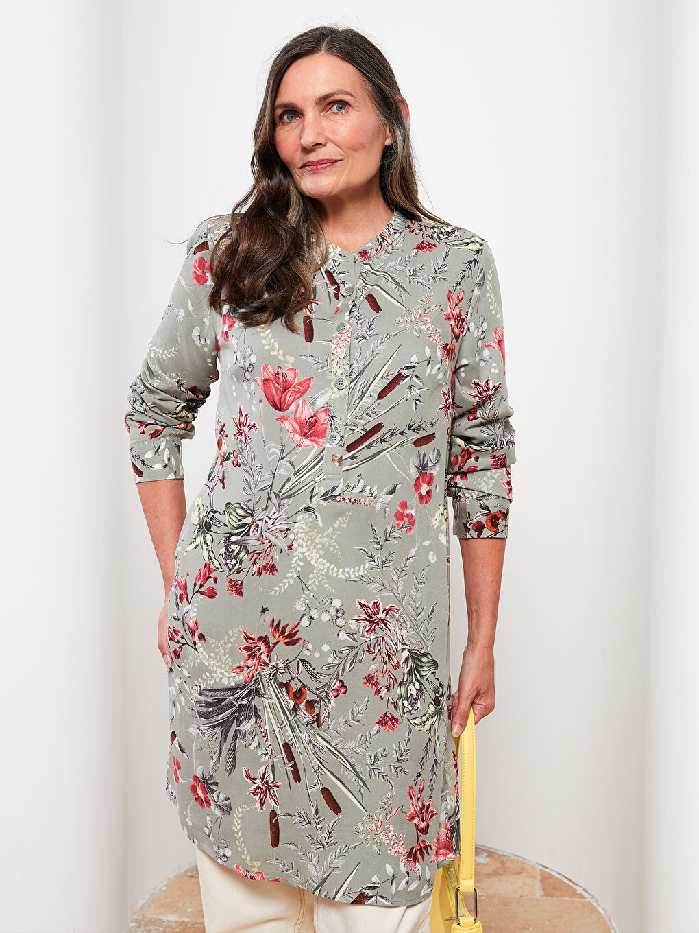 Yeşil Bisiklet Yaka Desenli Uzun Kollu Poplin Kadın Tunik-1