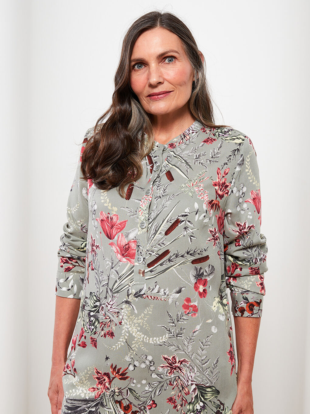 Yeşil Bisiklet Yaka Desenli Uzun Kollu Poplin Kadın Tunik-2