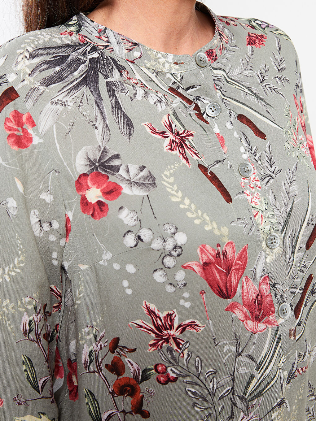 Yeşil Bisiklet Yaka Desenli Uzun Kollu Poplin Kadın Tunik-3