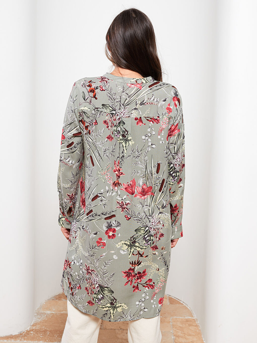 Yeşil Bisiklet Yaka Desenli Uzun Kollu Poplin Kadın Tunik-4