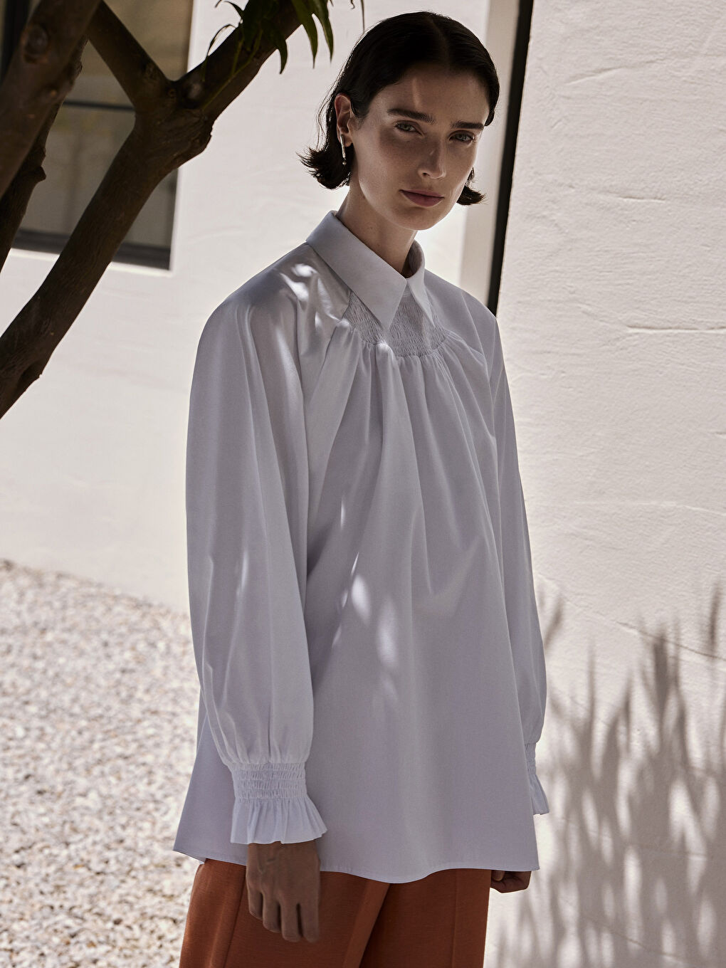 Beyaz Gömlek Yaka Düz Uzun Kollu Poplin Kadın Bluz