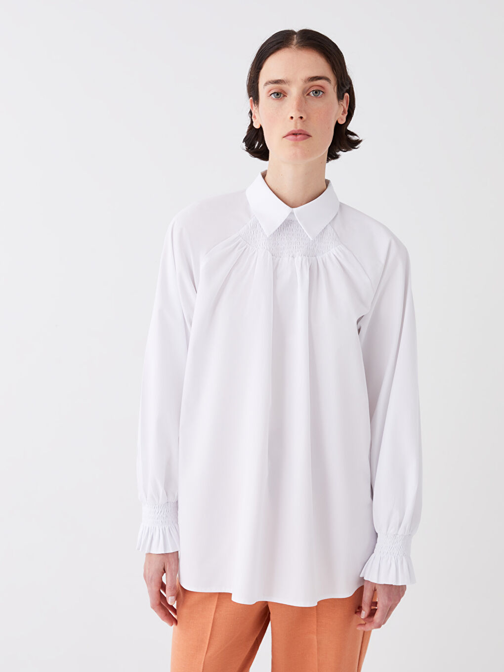 Beyaz Gömlek Yaka Düz Uzun Kollu Poplin Kadın Bluz-3