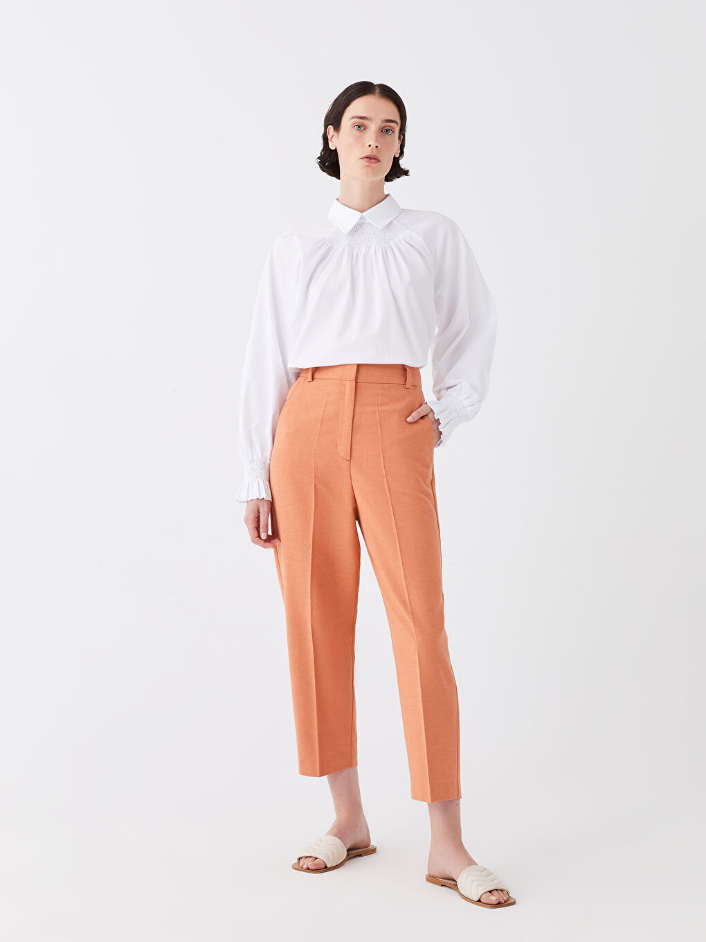 Beyaz Gömlek Yaka Düz Uzun Kollu Poplin Kadın Bluz-4