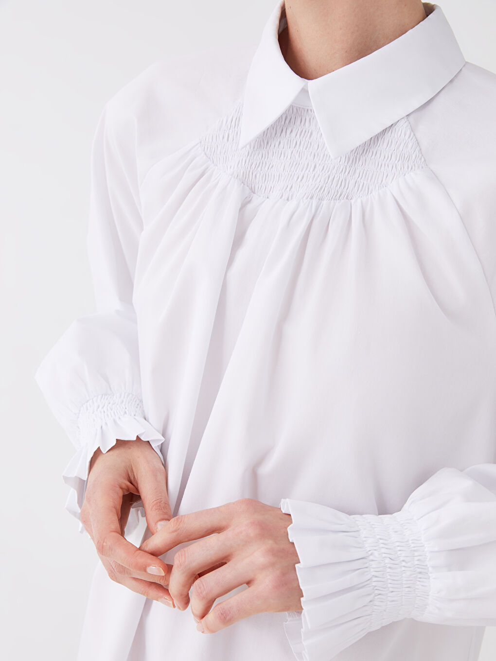 Beyaz Gömlek Yaka Düz Uzun Kollu Poplin Kadın Bluz-5