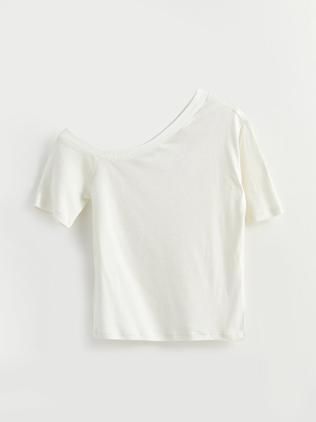 Ekru Tek Omuz Düz Kısa Kollu Pamuklu Kadın Tişört-1