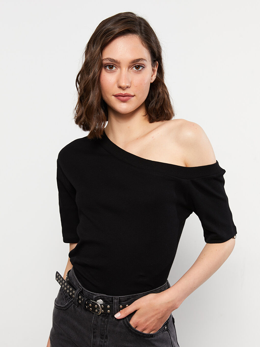 One Shoulder Straight Short Sleeve Cotton Women's T-Shirt