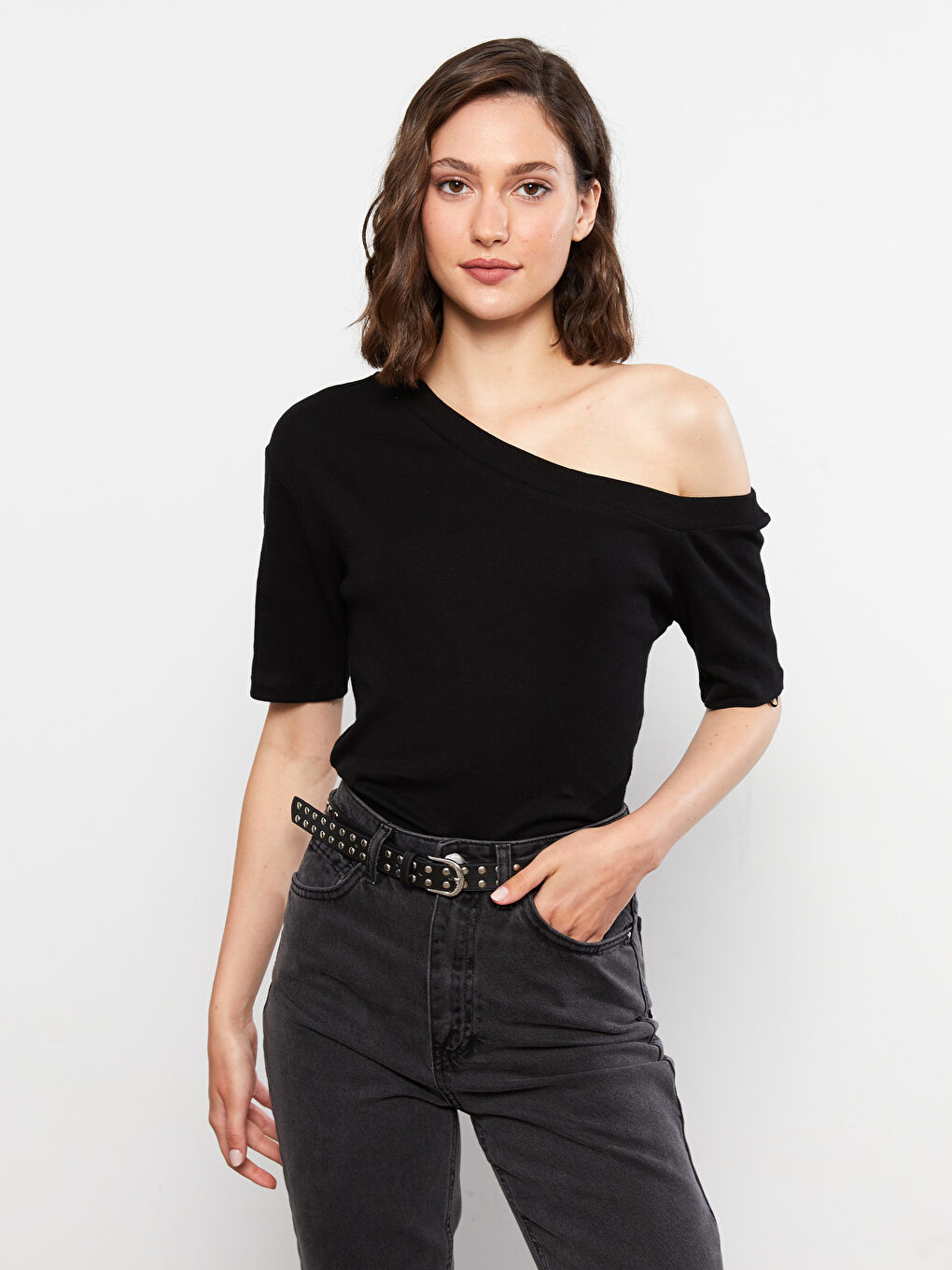 One Shoulder Straight Short Sleeve Cotton Women's T-Shirt-1