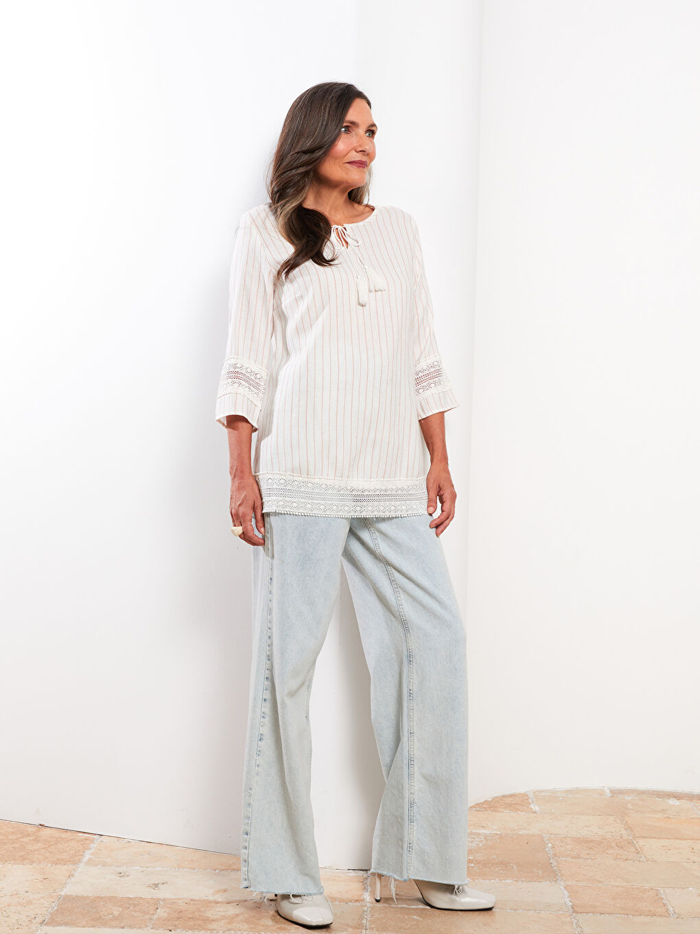 Әйелдерге арналған байламалы жаға жолақты блузка-2