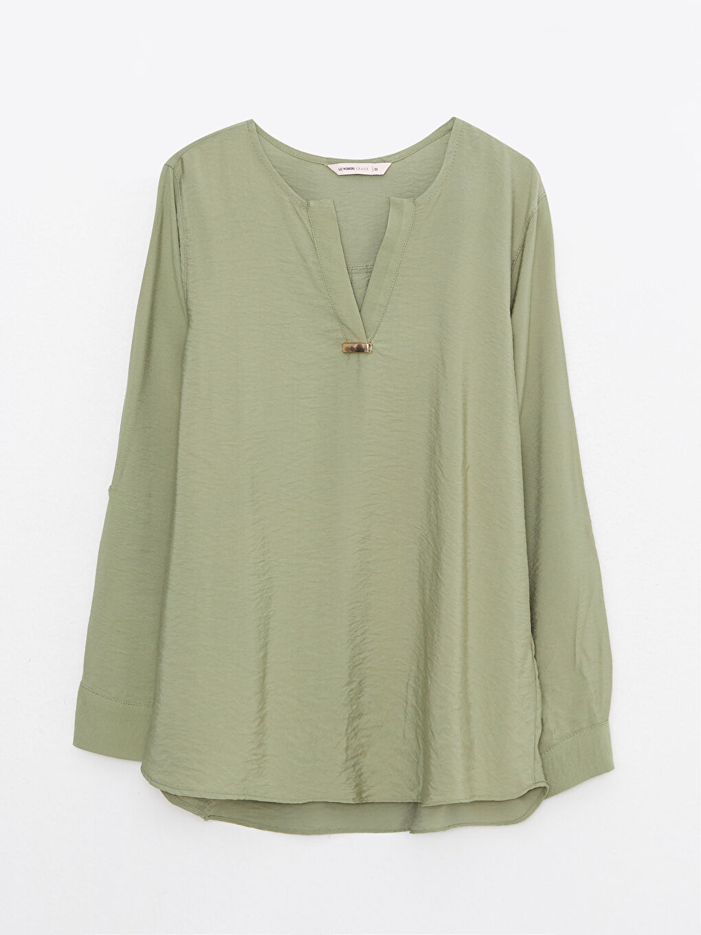 بلوزة كم طويل سادة بياقة بشق للسيدات-1